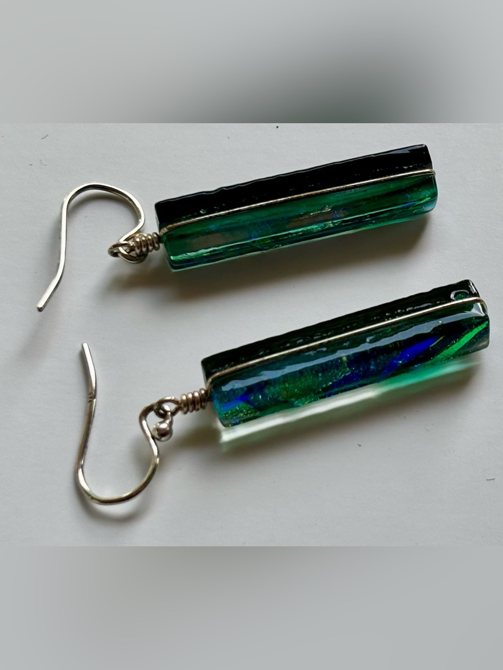 Artisan Dichroic Fused Glass Bar Earrings – Sterling Silver 925 - Picture 6 of 8